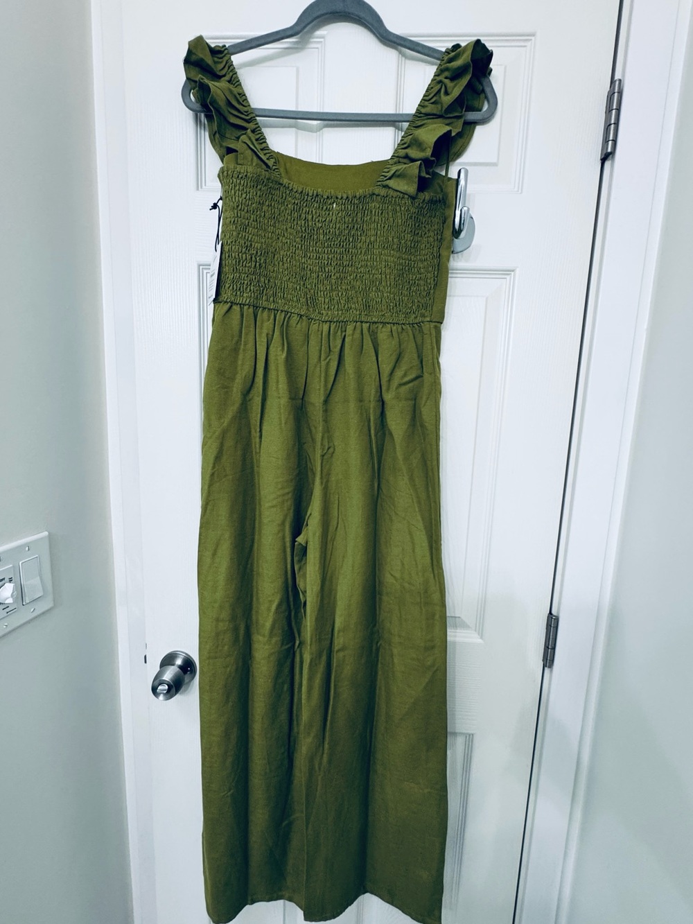 JAPRA Olive Green Smocked Jumpsuit with Ruffle Straps. NWT
